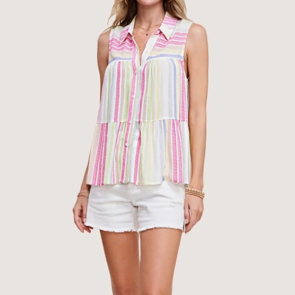 Striped Colorful‎ Sleeveless Babydoll Button Down Top Lightweight Beachy NWT - Picture 8 of 9